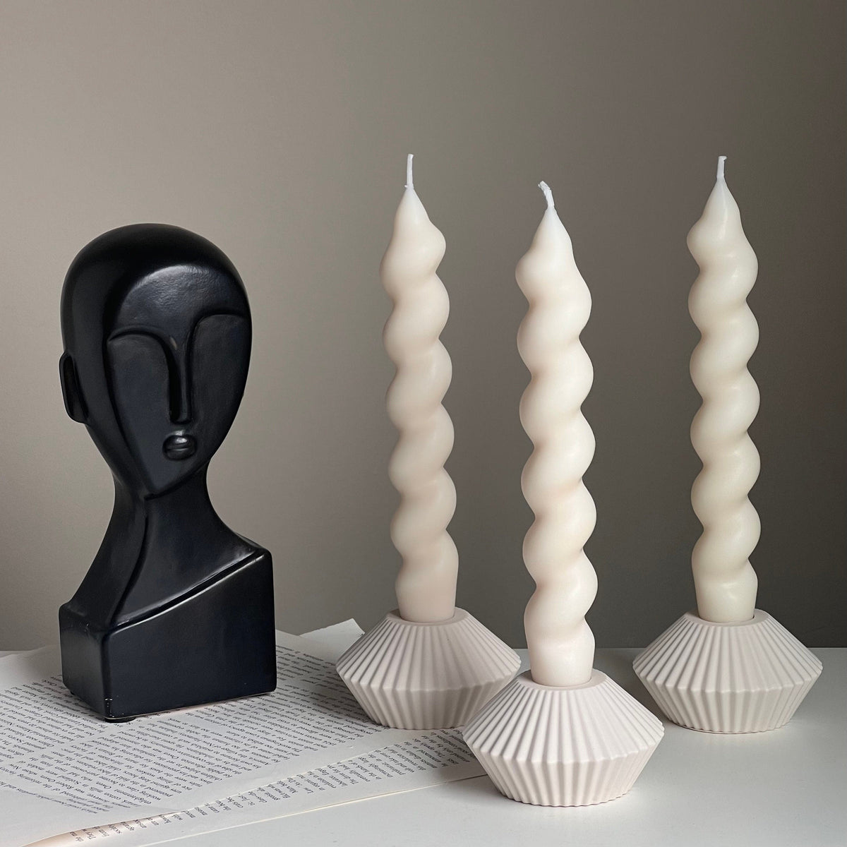 Ribbed Jesmonite Taper Candle Holder: Minimalist Table Decor-3