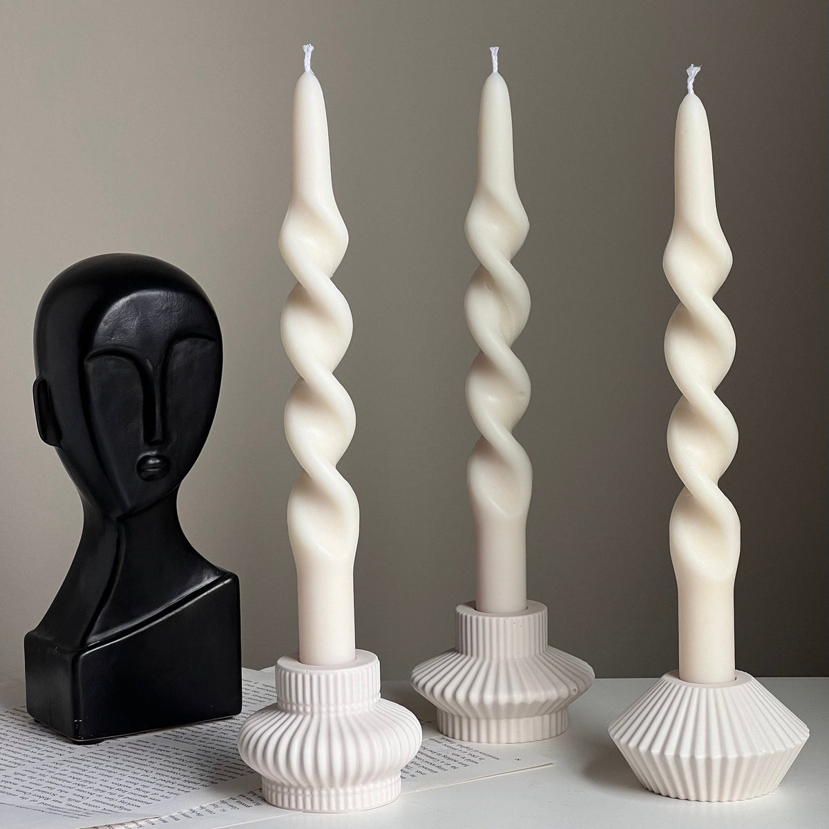 Ribbed Jesmonite Taper Candle Holder: Minimalist Table Decor-6