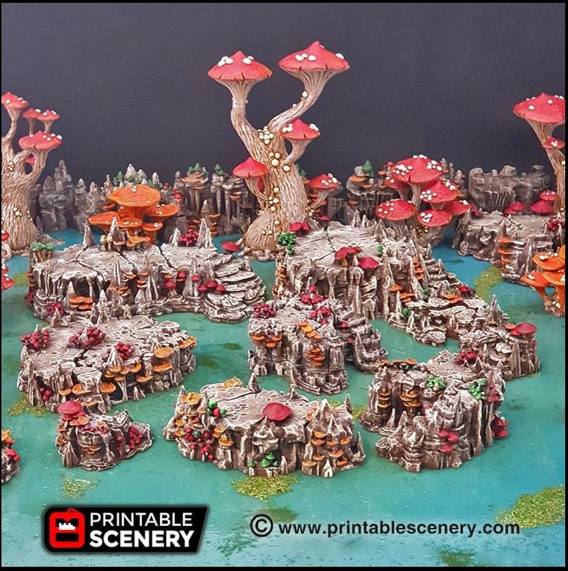 Raised Mushroom Caverns - Printable Scenery | DnD | Cave | Dungeon | Scene | Scatter Terrain | Wargaming | 28mm 15mm 32mm | Goblin Grotto-1