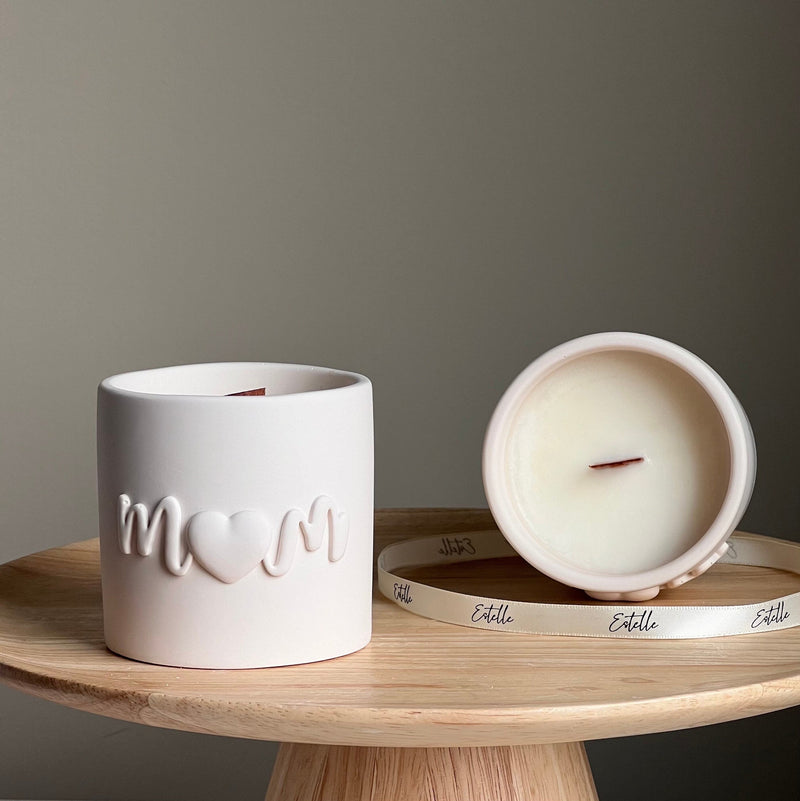Handmade Soy Wax Candle: Jesmonite Vessel, Wood Wick - Mom Jar-1