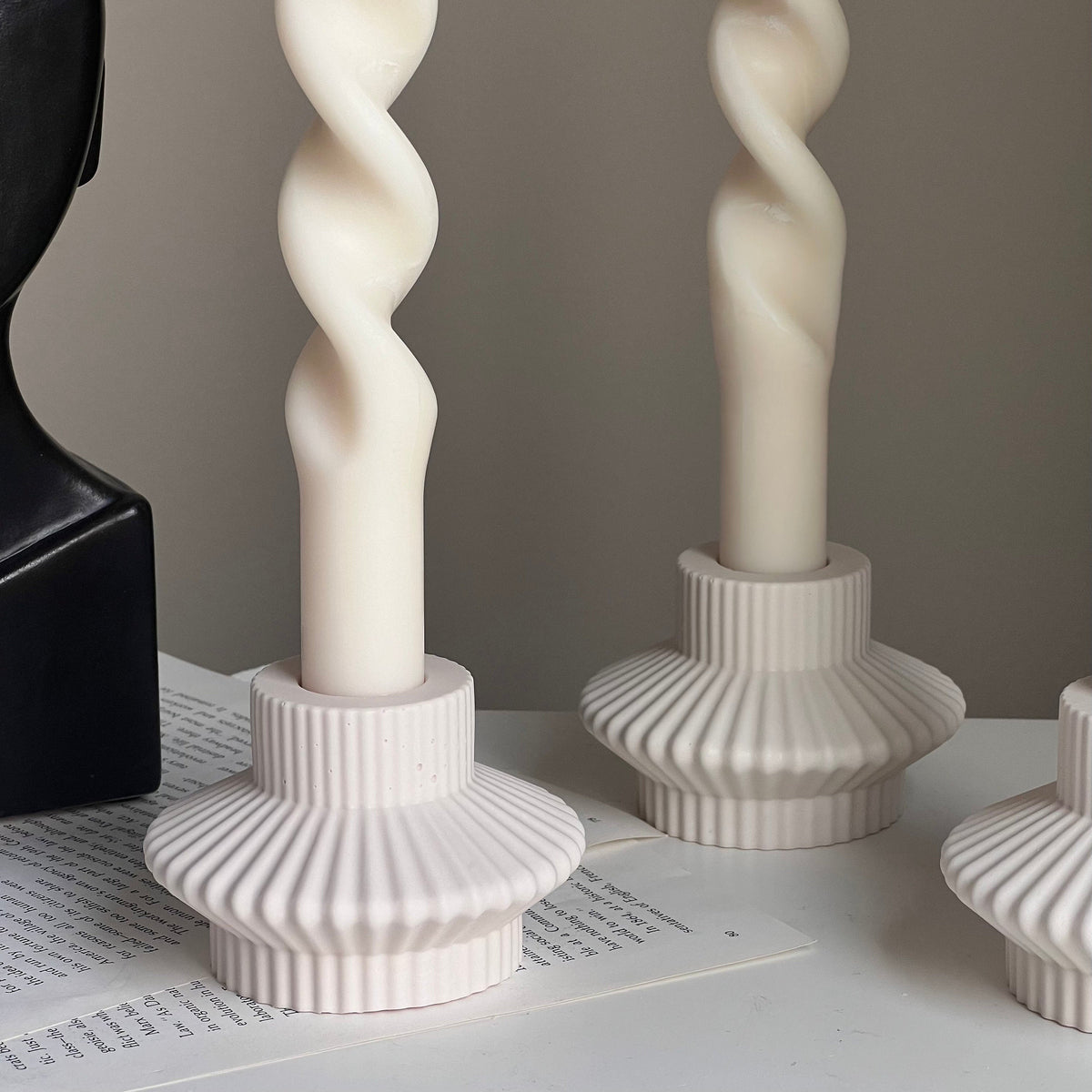 Ribbed Jesmonite Taper Candle Holder: Minimalist Table Decor-5