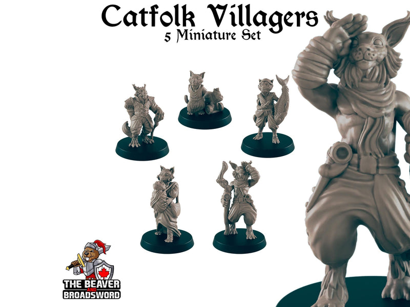 5 Tabaxi Villager Miniature Pack - EC3D | DnD | Fisherman | Villager | Merchant | Noble | 32mm | Pathfinder | commoner | Catfolk | Wargaming-1