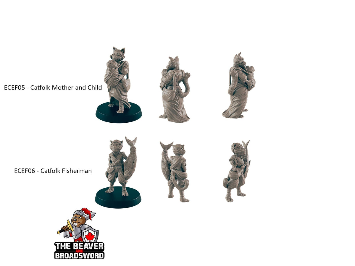 5 Tabaxi Villager Miniature Pack - EC3D | DnD | Fisherman | Villager | Merchant | Noble | 32mm | Pathfinder | commoner | Catfolk | Wargaming-3