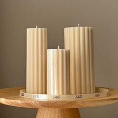 Hand Poured Soy Ribbed Pillar Candle Trio: Sculptural Art-1