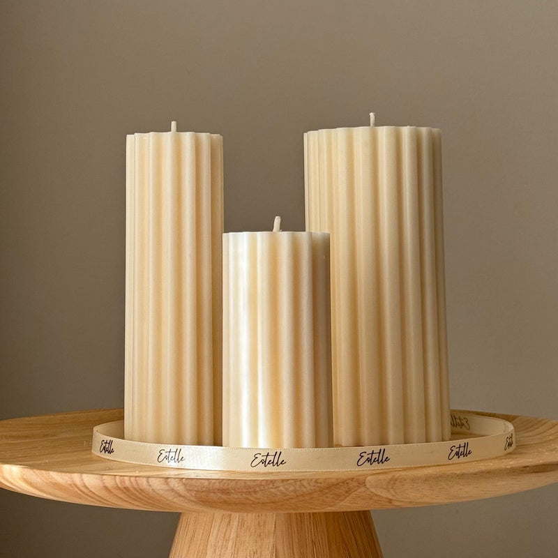 Hand Poured Soy Ribbed Pillar Candle Trio: Sculptural Art-1