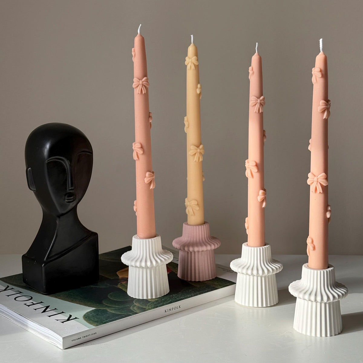Ribbed Jesmonite Taper Candle Holder: Minimalist Table Decor-1