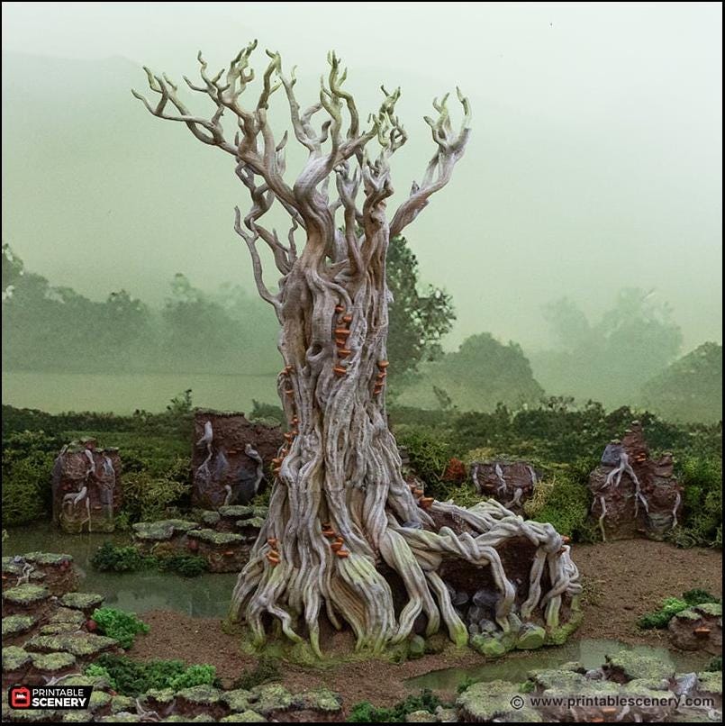 Giant Swamp Tree and Hovel - The Gloaming Swamps by Printable Scenery, DnD, Wargaming, High Quality 3D Printed, 28mm 32mm scales, D&D-3