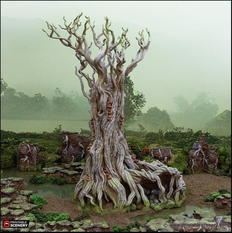 Giant Swamp Tree and Hovel - The Gloaming Swamps by Printable Scenery, DnD, Wargaming, High Quality 3D Printed, 28mm 32mm scales, D&D-3