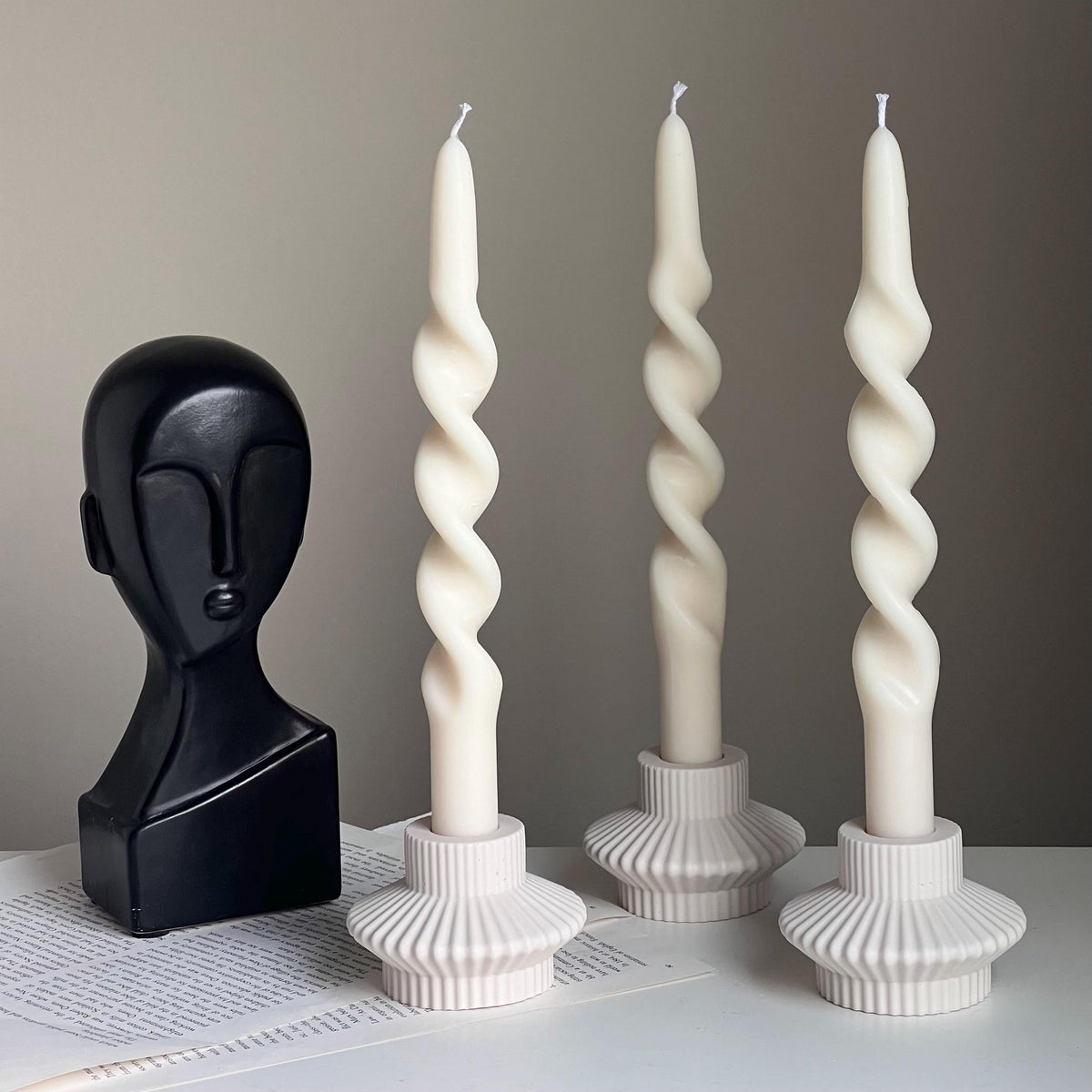Ribbed Jesmonite Taper Candle Holder: Minimalist Table Decor-1