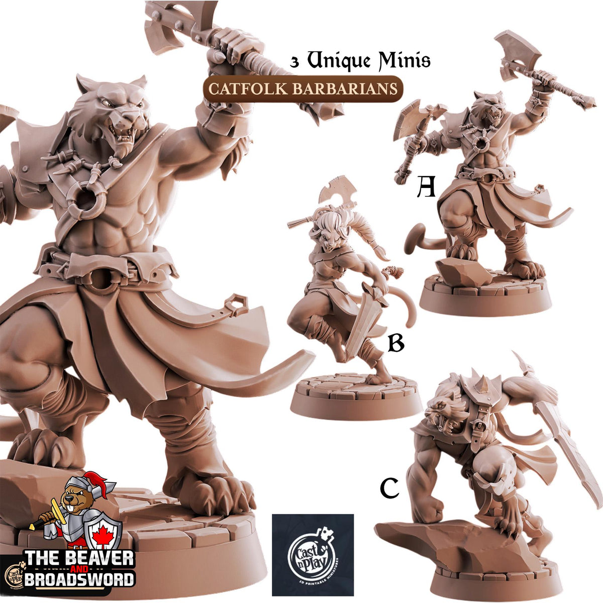 Catfolk Barbarians mini set | DnD Miniature, Premium Resin, Durable and Tough for your TTRPG and Wargaming! 32mm, 28mm, Fighter, Warrior