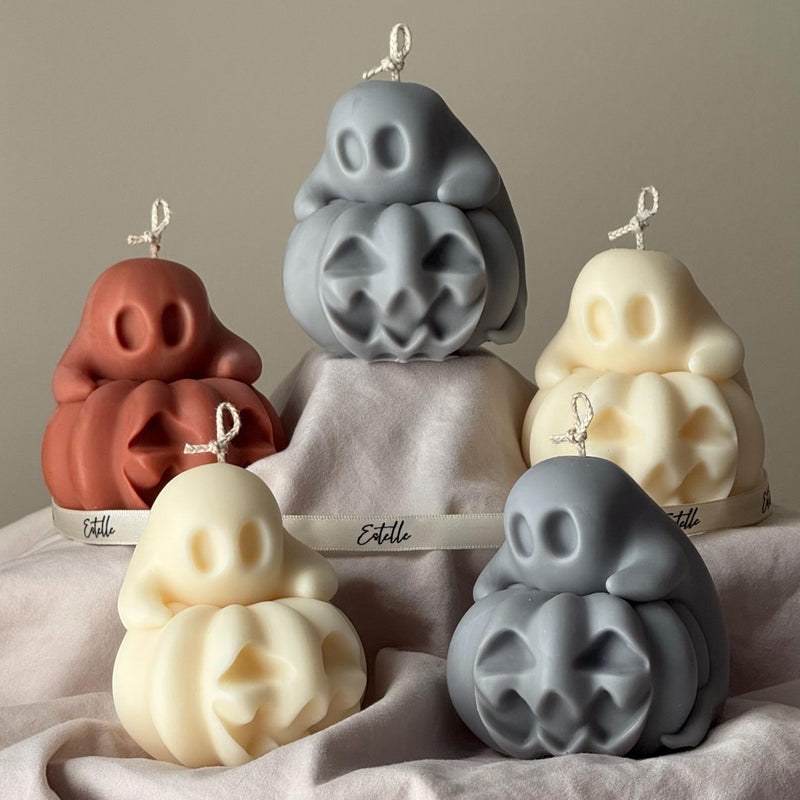 Handmade Spooky Pumpkin Ghost Candle: Halloween Soy Wax Decor-4