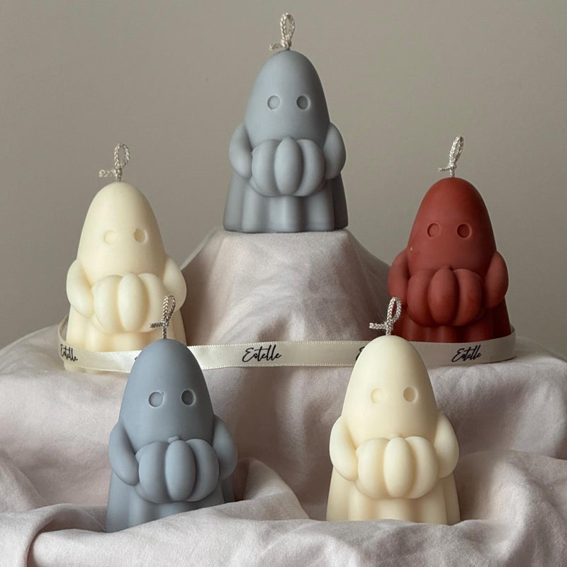 Handmade Spooky Holding Pumpkin Ghost Candle: Halloween Soy Wax Decor-4