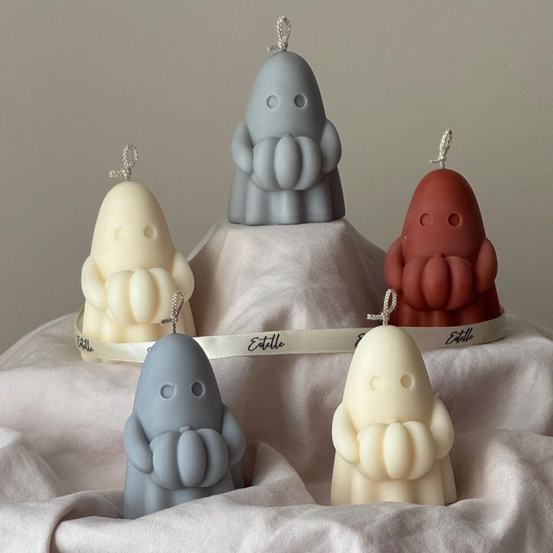 Handmade Spooky Holding Pumpkin Ghost Candle: Halloween Soy Wax Decor-1