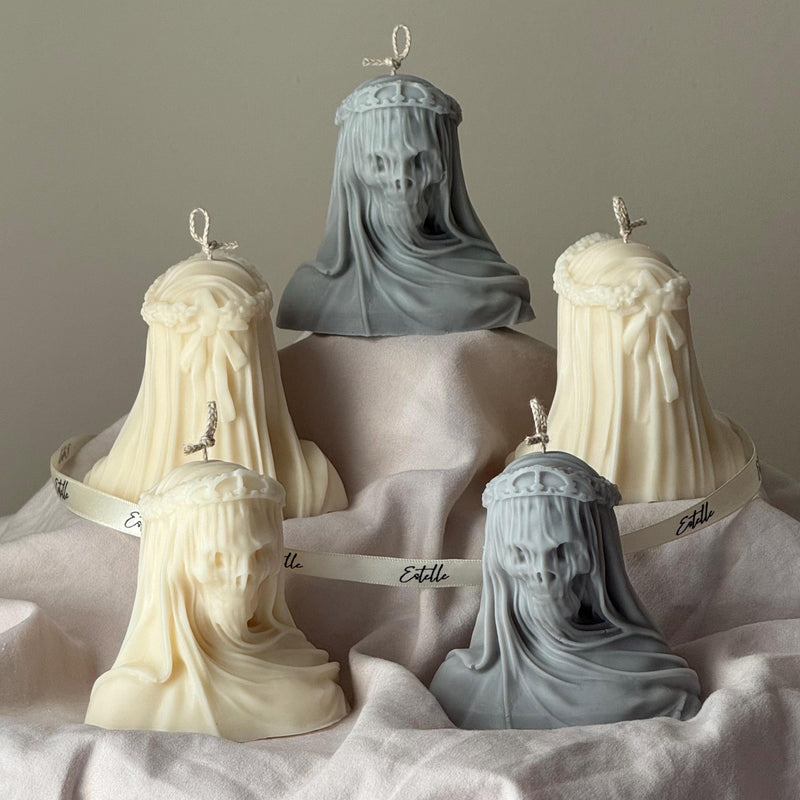 Handmade Halloween Vailed Lady Skull Candle: Spooky Soy Wax Home Decor-4