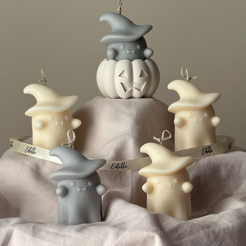 Halloween Ghosts Candle in Jesmonite Pumpkin: Hand-Poured Soy Wax Sculptural Candles-1