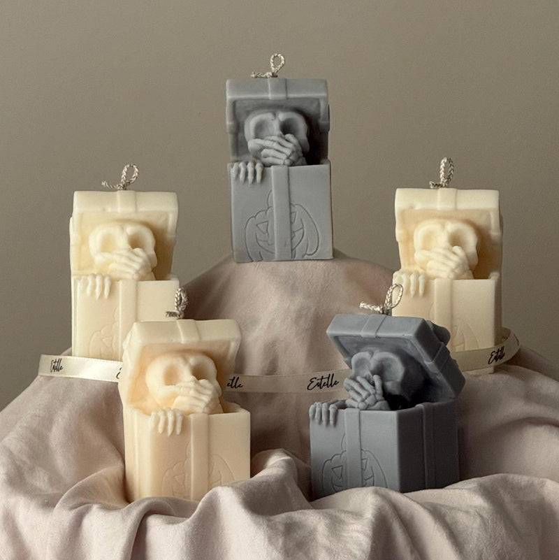 Skull in Gift Box Candle| Halloween Sculptural Soy Wax Decor-1