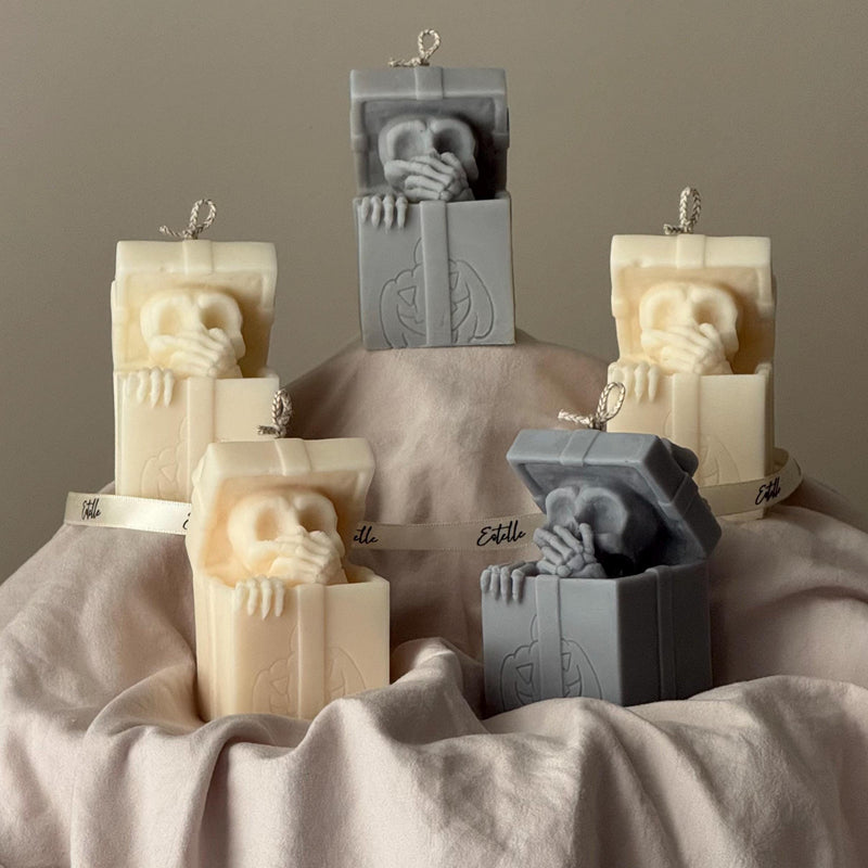 Skull in Gift Box Candle| Halloween Sculptural Soy Wax Decor-4