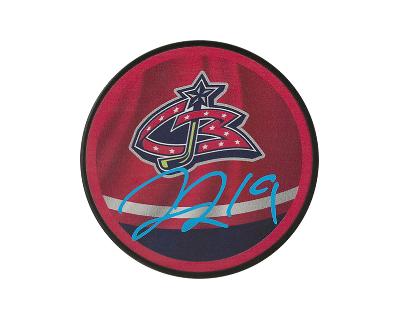 Liam Foudy Autographed Columbus Blue Jackets Reverse Retro Souvenir Puck-1