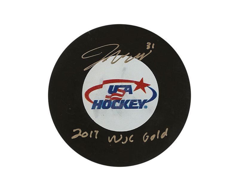 Joseph Woll Autographed Team USA Autograph Model Puck Inscribed "2017 WJC Gold"-1