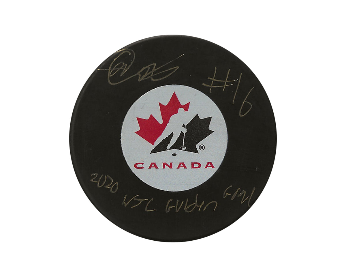 Akil Thomas Autographed Team Canada Autograph Model Puck Inscribed "2020 WJC Golden Goal"-1
