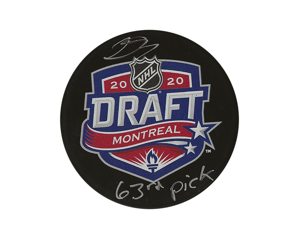 Donovan Sebrango Autographed 2020 NHL Draft Puck Inscribed "63rd Pick"-1