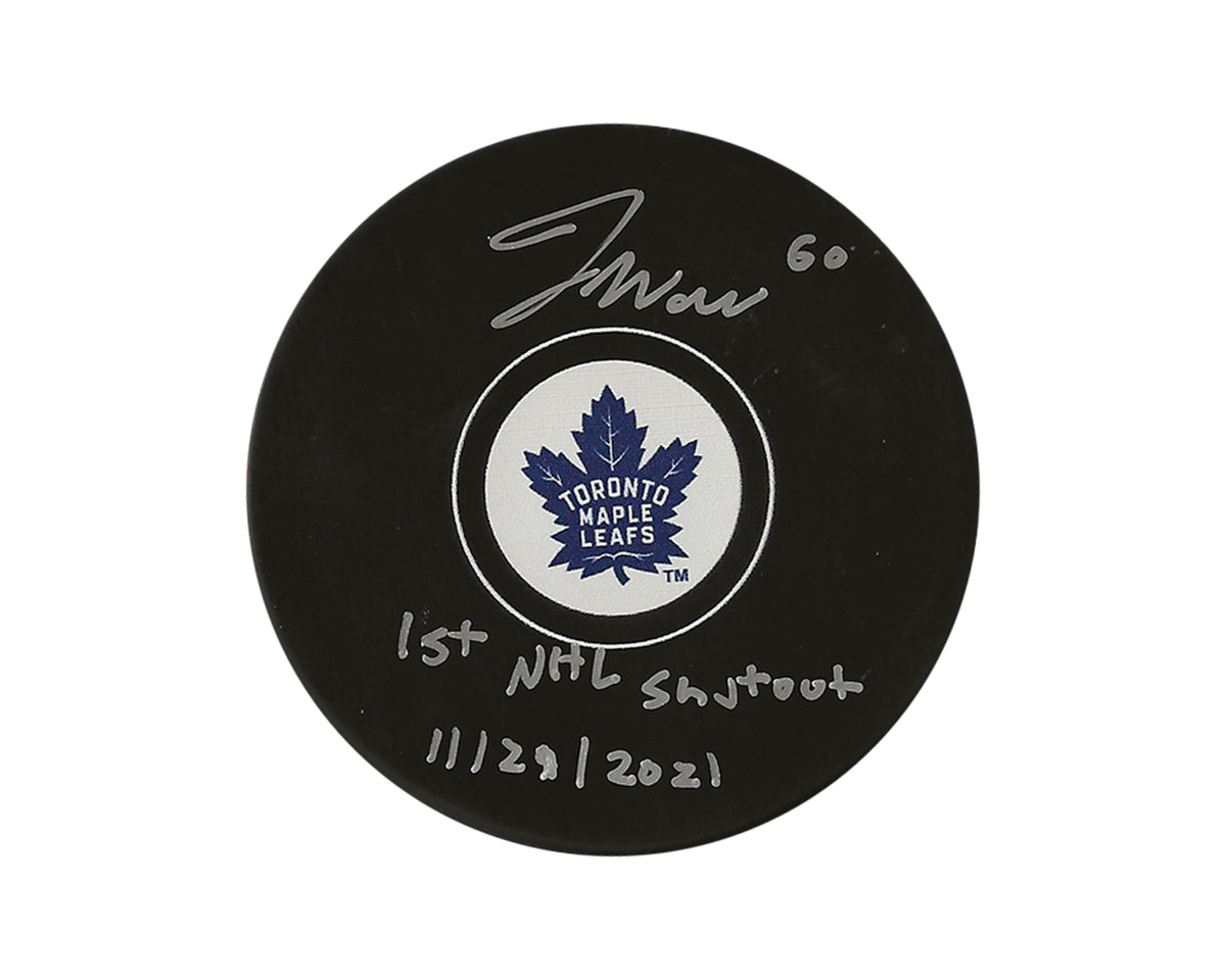 Disco de hockey Toronto Maple Leafs firmado por Joseph Woll con la inscripción "1st NHL Shutout 11/23/2021"-1