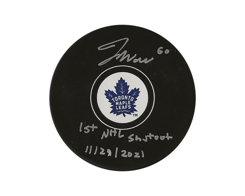 Disco de hockey Toronto Maple Leafs firmado por Joseph Woll con la inscripción "1st NHL Shutout 11/23/2021"-1