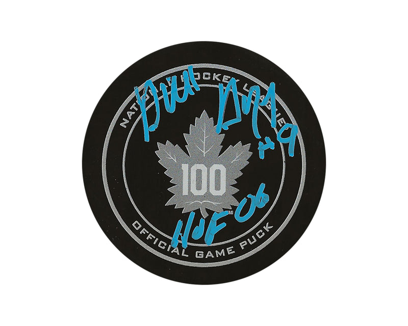 Dick Duff Autographed Toronto Maple Leafs 100th Anniversary Official Game Puck Inscribed "HOF 06"-1