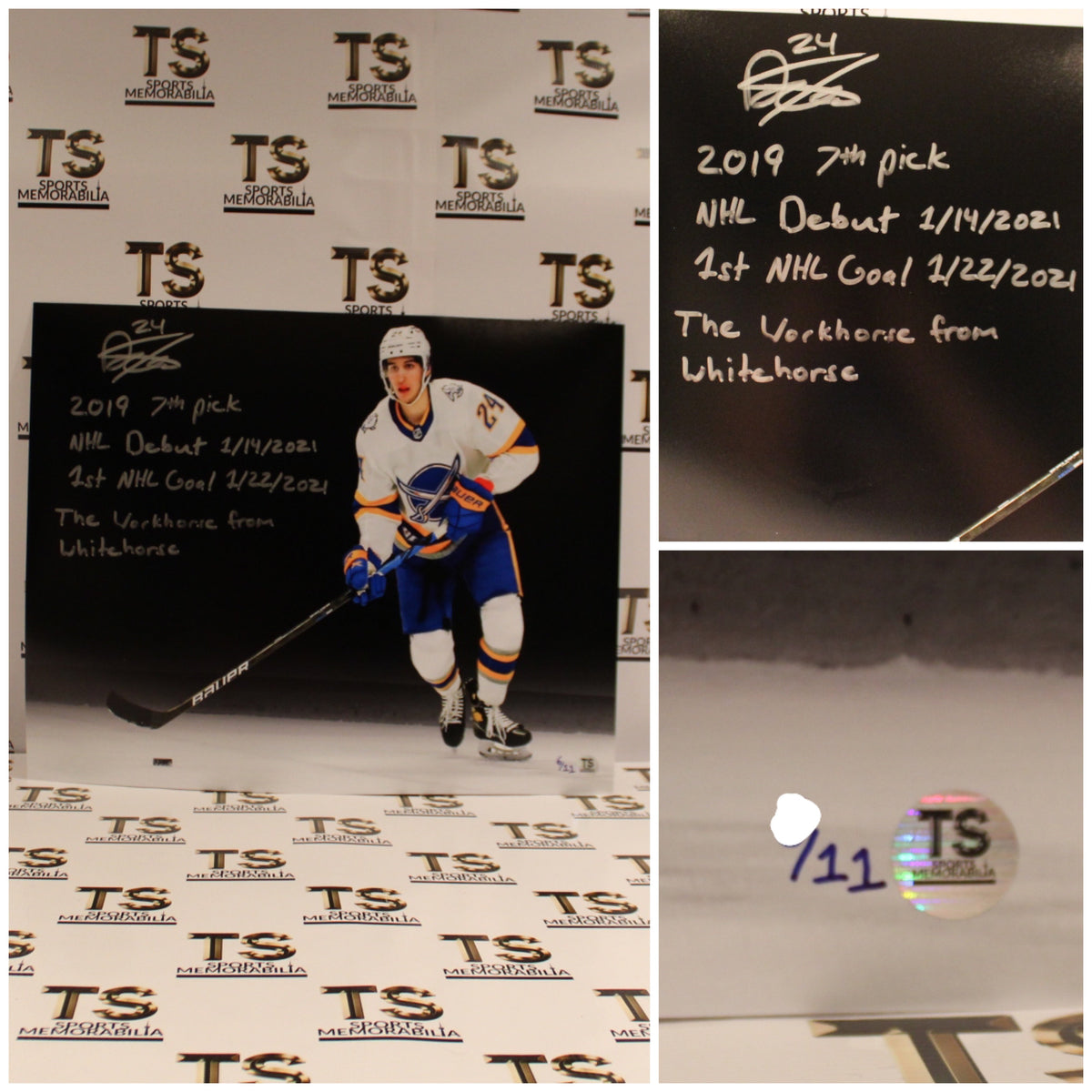 Foto de 16x20 de Dylan Cozens autografiada por los Buffalo Sabres, edición limitada de 11, con múltiples inscripciones
