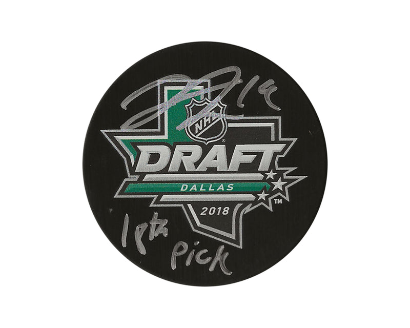 Liam Foudy Autographed 2018 NHL Draft Puck Inscribed "18th Pick"-1