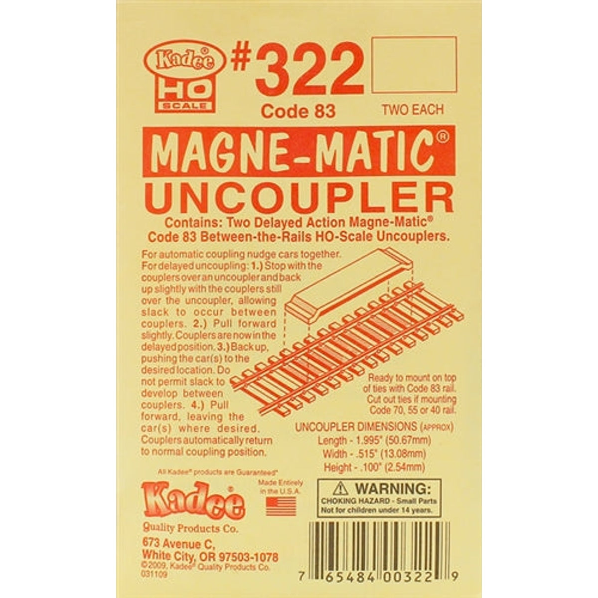 Kadee #322 HO Permanent Magnet Delayed Uncouplers Code 83 1 Pair-1