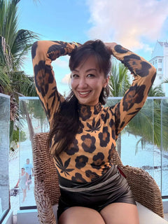 Leopard High-Neck Mesh Long-Sleeve Top-2