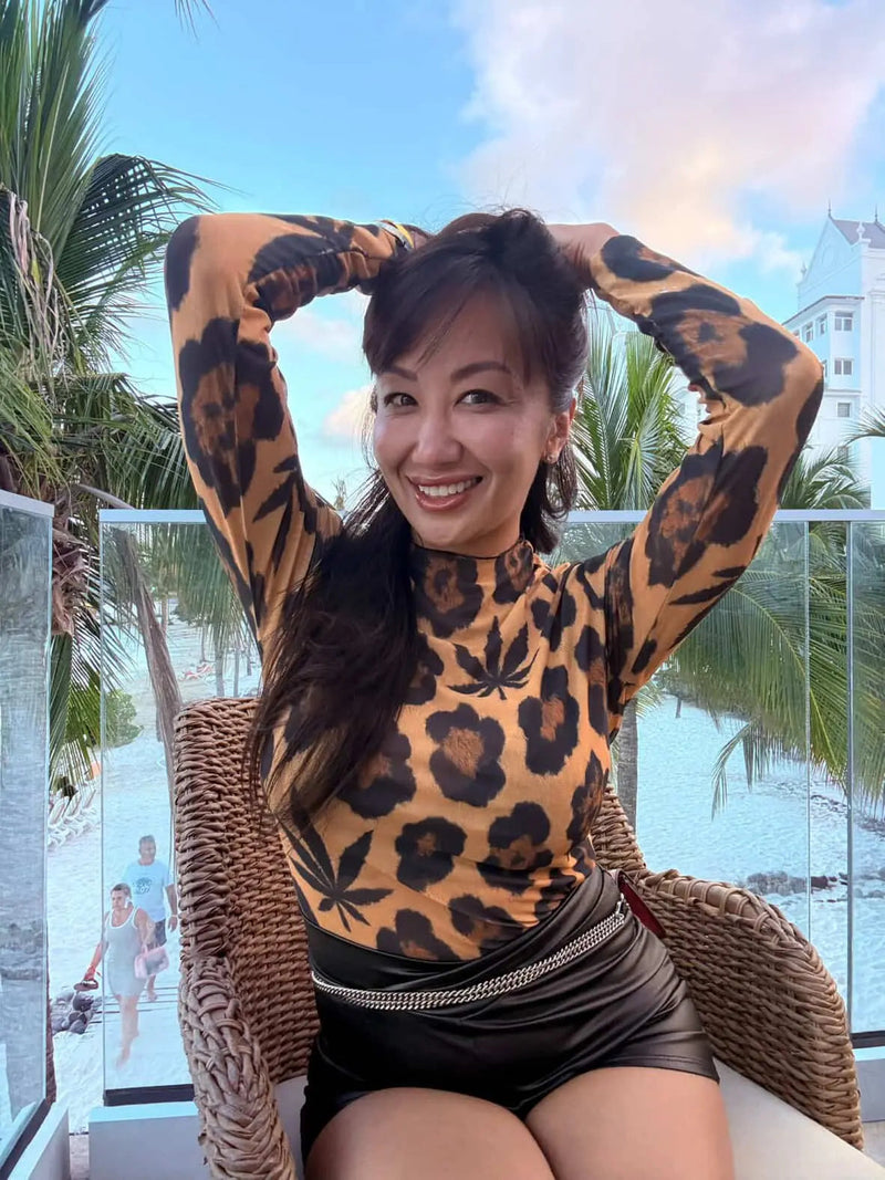 Leopard High-Neck Mesh Long-Sleeve Top-2