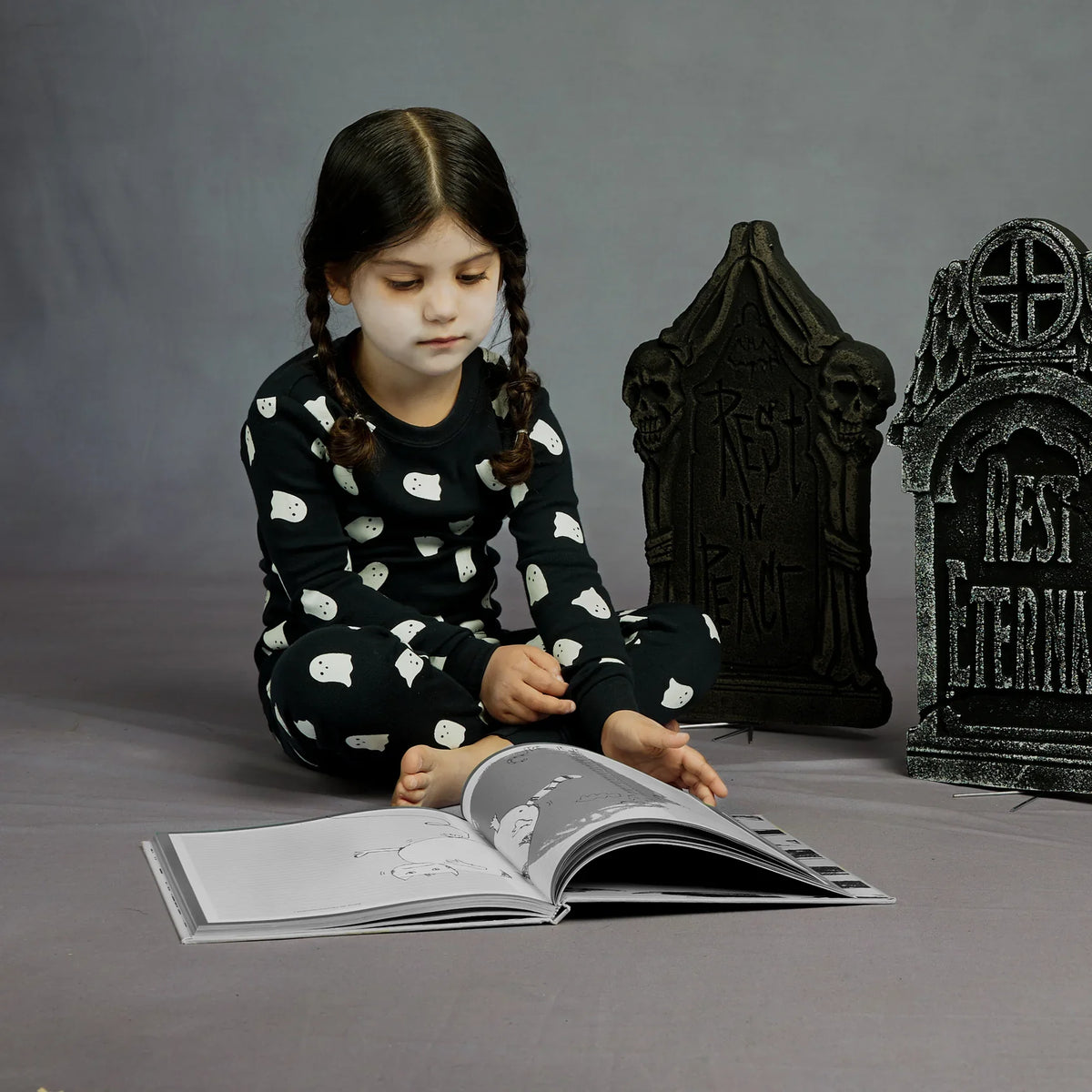 Ghosts Glow in the Dark Print on Black PJ Set | Petit Lem-1