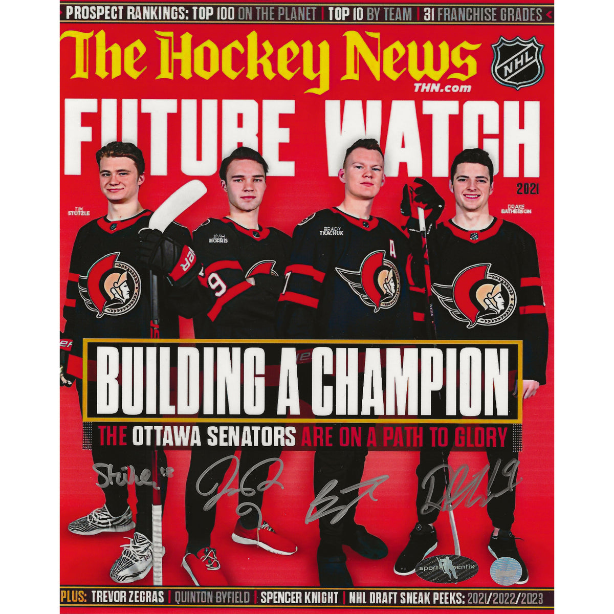 Portada de la revista The Hockey News Future Watch de 8x11 firmada por Tim Stützle, Josh Norris, Brady Tkachuk y Drake Batherson de los Ottawa Senators-1