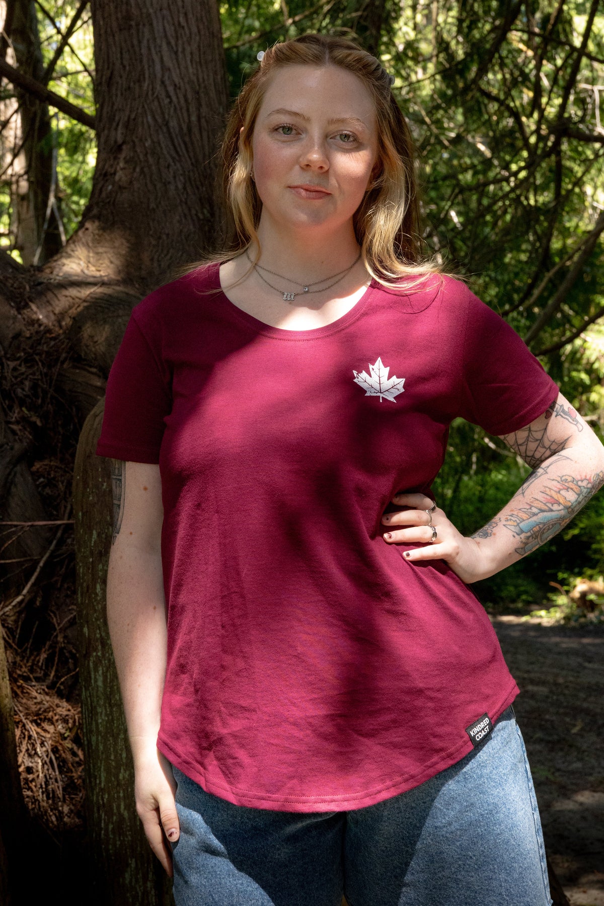 MAPLE LEAF Women's 100% Organic Cotton Tee - Maroon-1