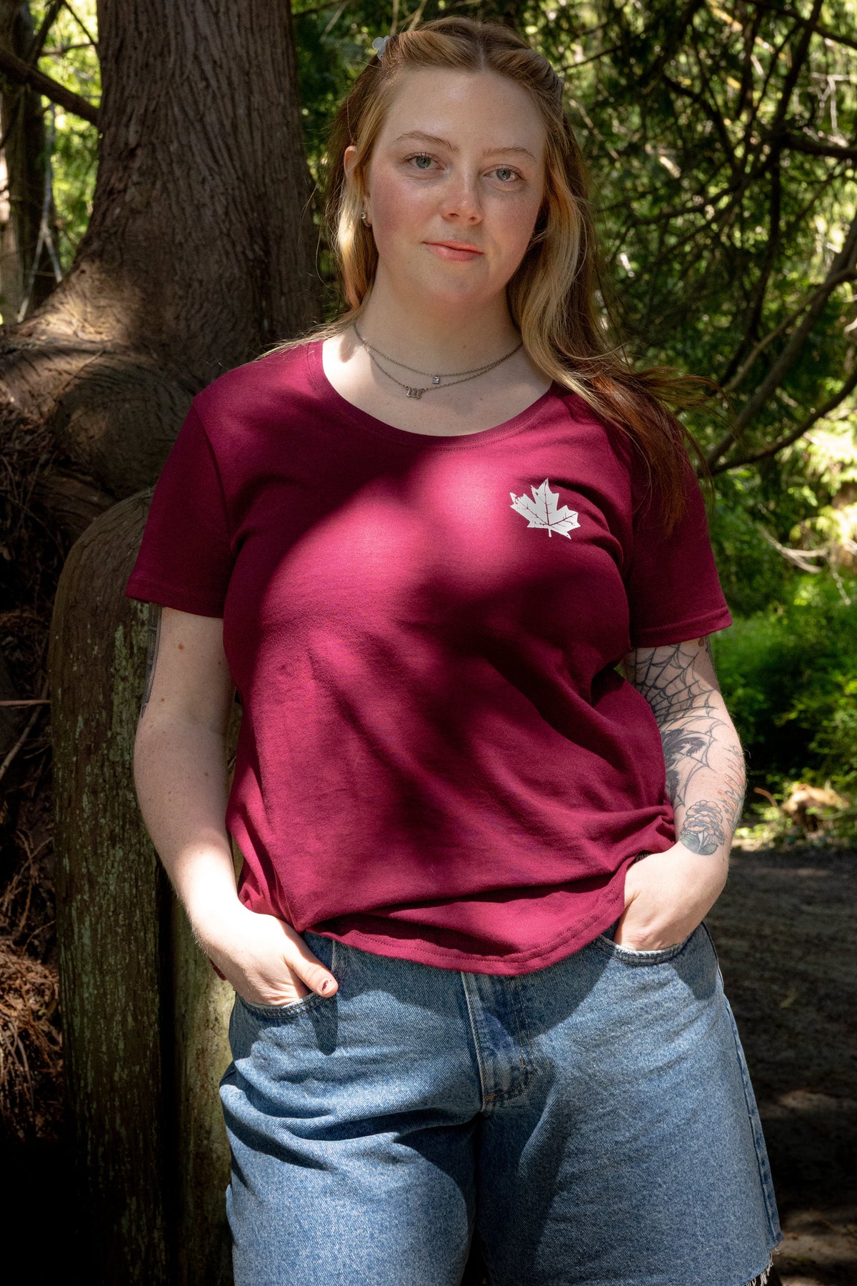 MAPLE LEAF Women's 100% Organic Cotton Tee - Maroon-3