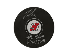 Michael McLeod Autographed New Jersey Devils Autograph Model Puck Inscribed "NHL Debut 11/30/2018"-1