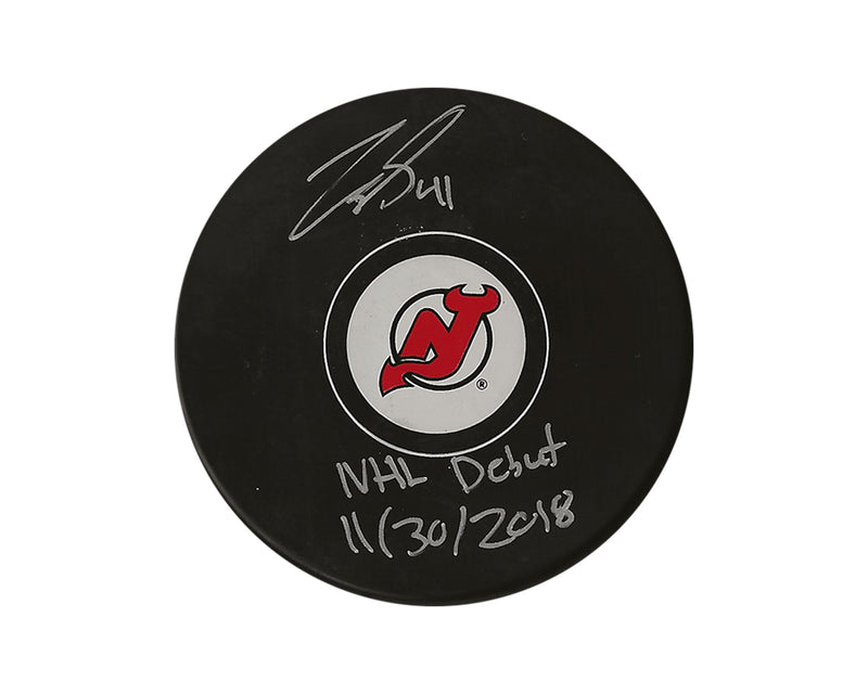 Michael McLeod Autographed New Jersey Devils Autograph Model Puck Inscribed "NHL Debut 11/30/2018"-1
