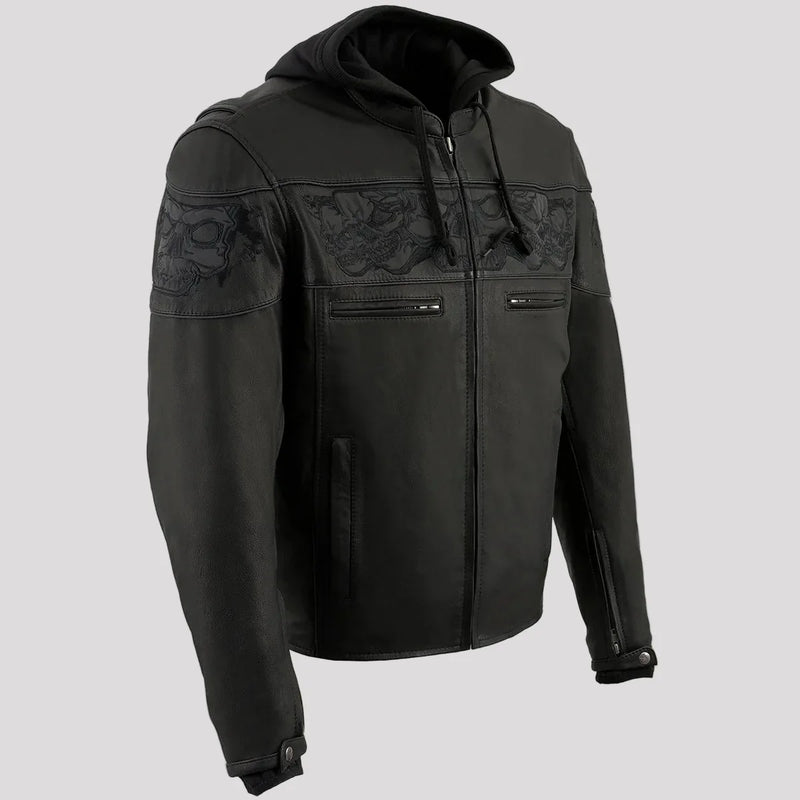 Milwaukee Leather Men's Crossover Scooter Jacket w/ Reflective Skulls & Full Sleeve Removable Hoodie-12
