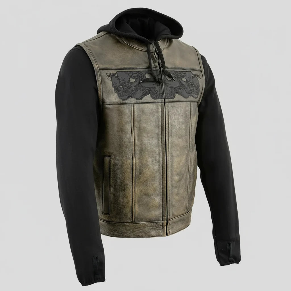 Milwaukee Leather Men's Skull Hoodie Leather Vest | 2-in-1 Moto Vest-3