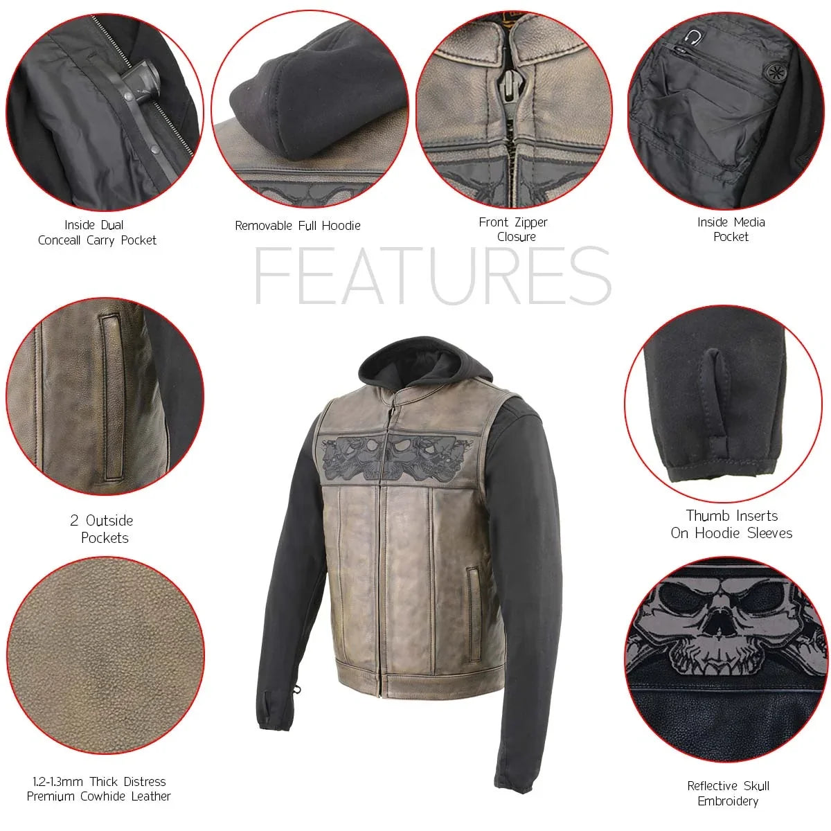 Milwaukee Leather Men's Skull Hoodie Leather Vest | 2-in-1 Moto Vest-10