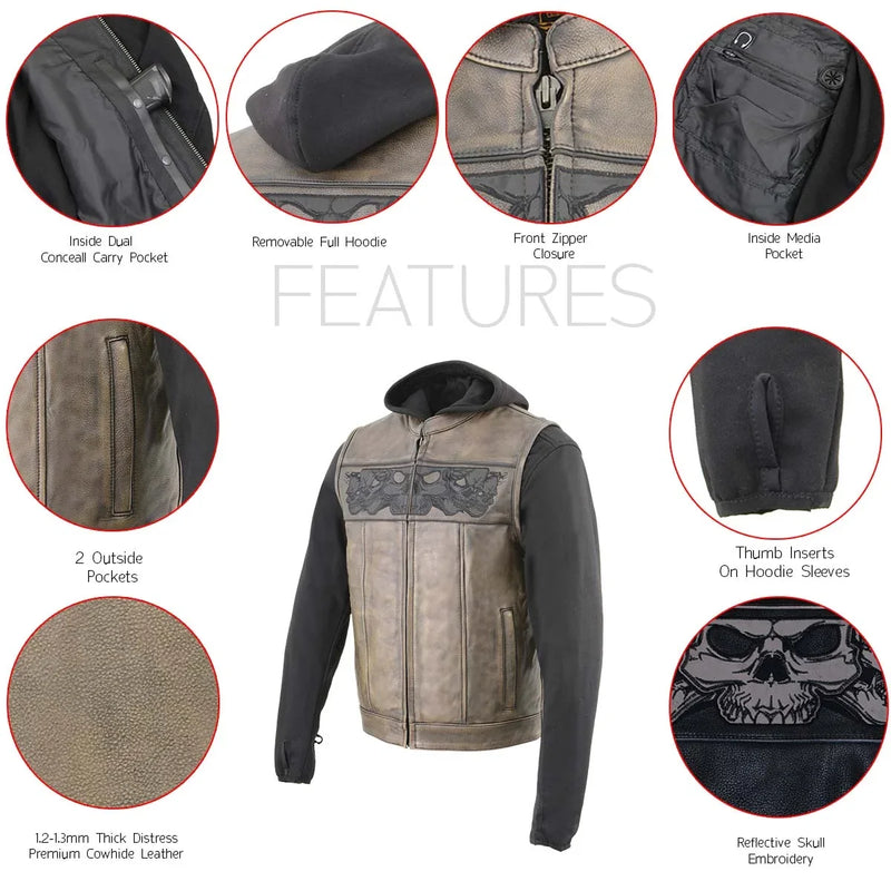 Milwaukee Leather Men's Skull Hoodie Leather Vest | 2-in-1 Moto Vest-10