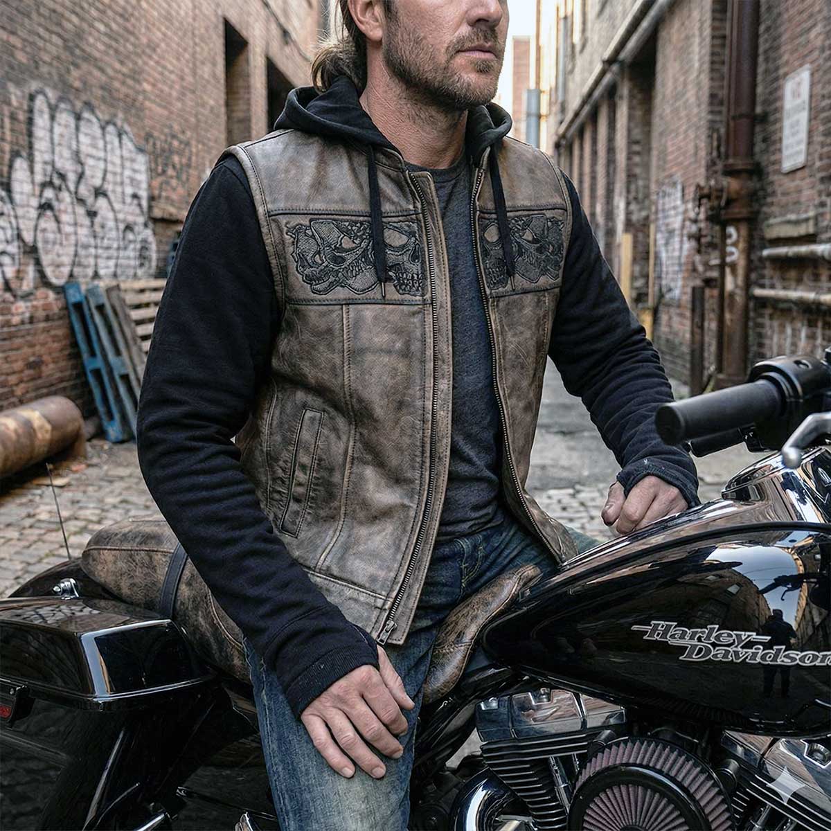 Milwaukee Leather Men's Skull Hoodie Leather Vest | 2-in-1 Moto Vest-8