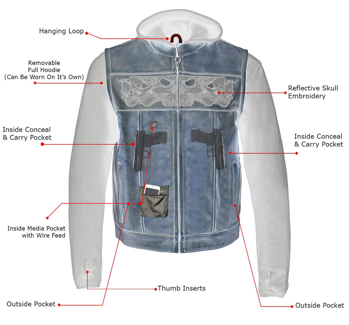Milwaukee Leather Men's Skull Hoodie Leather Vest | 2-in-1 Moto Vest-11