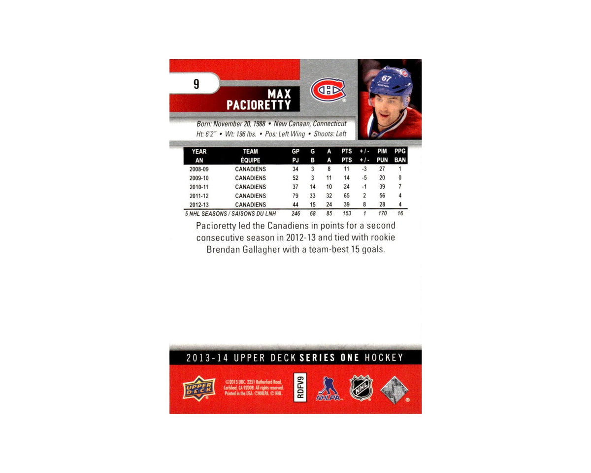 Max Pacioretty Autographed 2013-14 Upper Deck Series 1 #9 Hockey Card-2