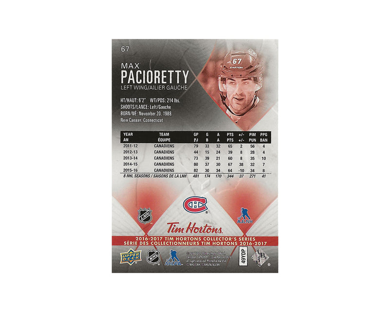 Max Pacioretty Autographed 2016-17 Upper Deck Tim Hortons #67 Hockey Card-2