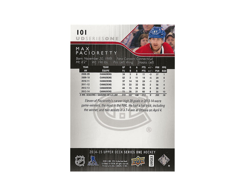 Max Pacioretty Autographed 2014-15 Upper Deck Series 1 #101 Hockey Card-2