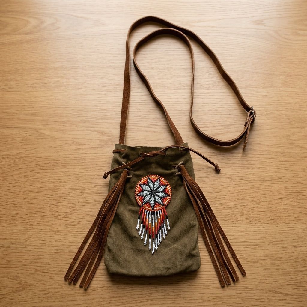 Beaded Suede Phone Pouch ~ light brown-1