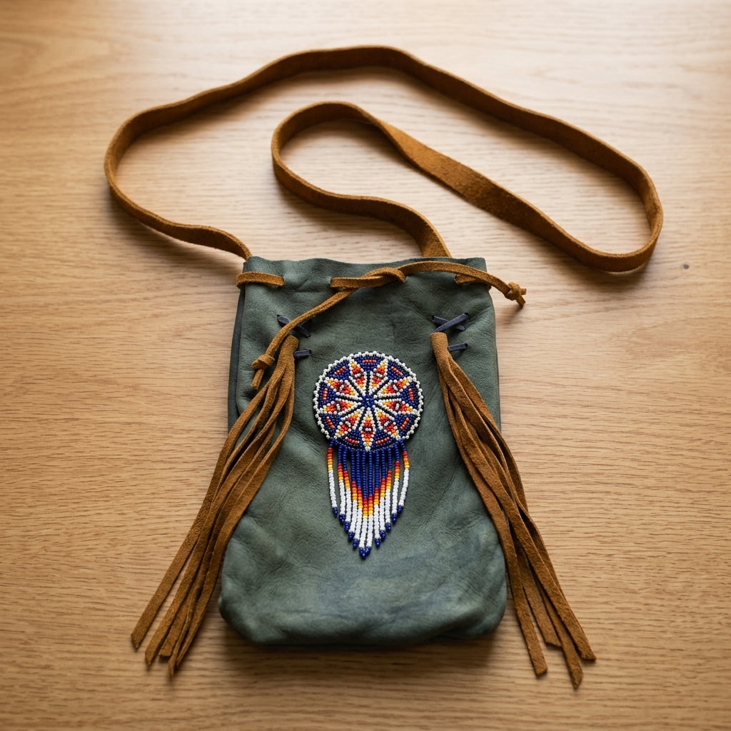 Beaded Suede Phone Pouch ~ Sage & Fringe Rosette